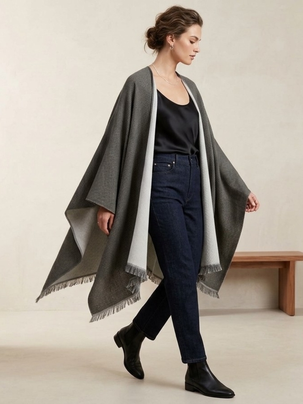 Amazon Essentials Reversible Gray Fringe-Trim Wrap Poncho